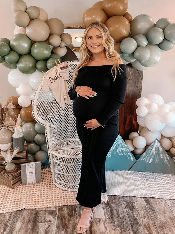 Momsmood Christmas Off Shoulder Backless Crochet Maternity Sweater Baby Shower Maxi Dress