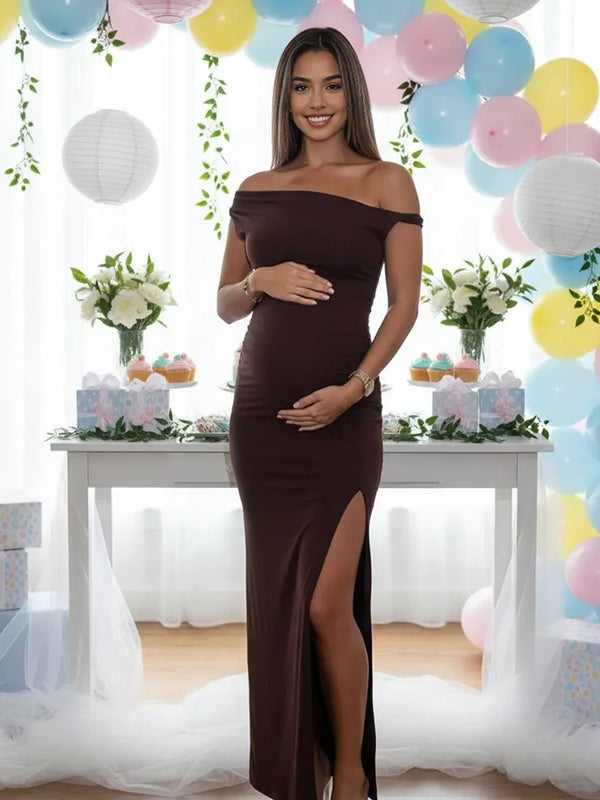 Momsmood One Shoulder Ruched Side Slit Bodycon Maternity Maxi Dress