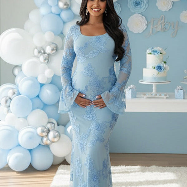 Momsmood Mesh Embroidery Floral Ruffle Bodycon Maternity Maxi Dress