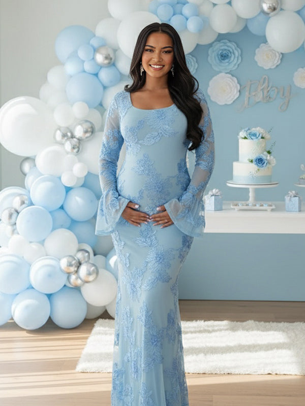 Momsmood Mesh Embroidery Floral Ruffle Bodycon Maternity Maxi Dress