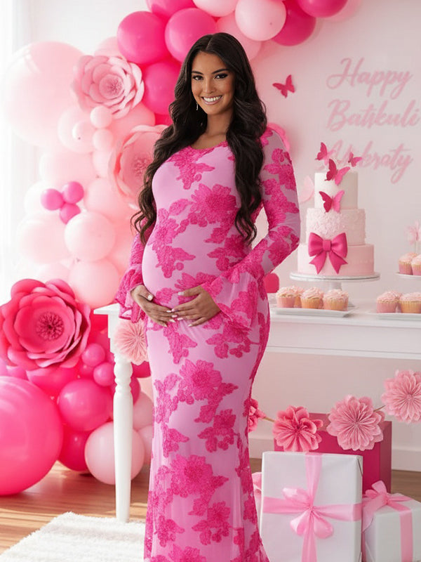 Momsmood Mesh Embroidery Floral Ruffle Bodycon Maternity Maxi Dress