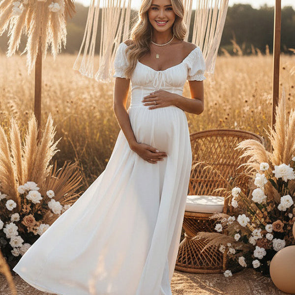 Momsmood Ruffle Ruched Lace-Up Big Swing Boho Maternity Maxi Dress