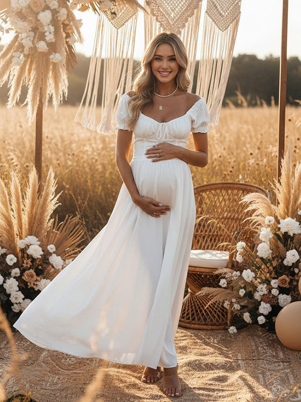Momsmood Ruffle Ruched Lace-Up Big Swing Boho Maternity Maxi Dress