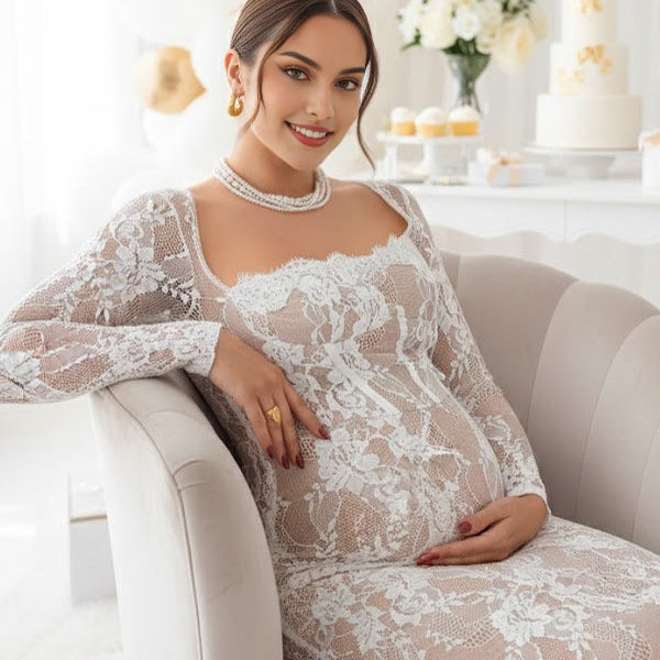 Momsmood Lace Ruffle Back Slit Square Neck Bodycon Maternity Maxi Dress