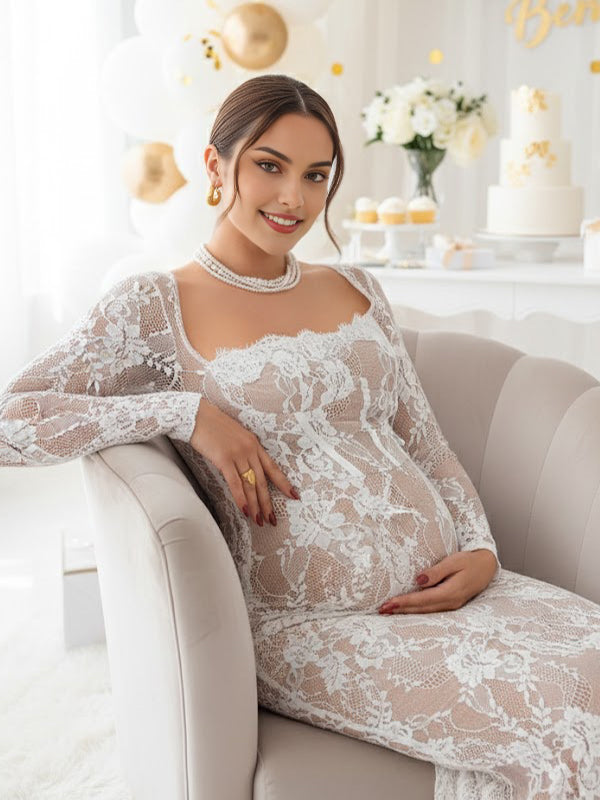 Momsmood Lace Ruffle Back Slit Square Neck Bodycon Maternity Maxi Dress