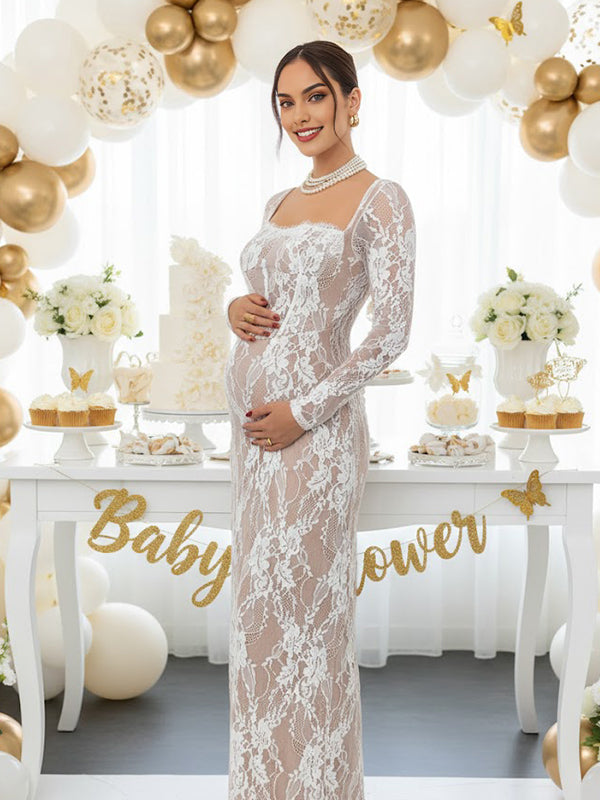 Momsmood Lace Ruffle Back Slit Square Neck Bodycon Maternity Maxi Dress