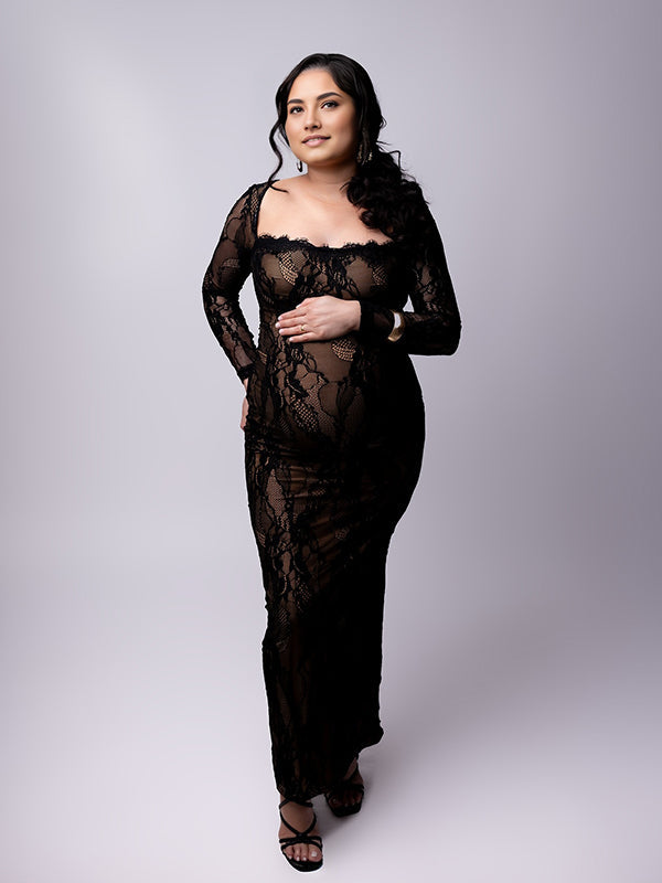 Momsmood Lace Ruffle Back Slit Square Neck Bodycon Maternity Maxi Dress