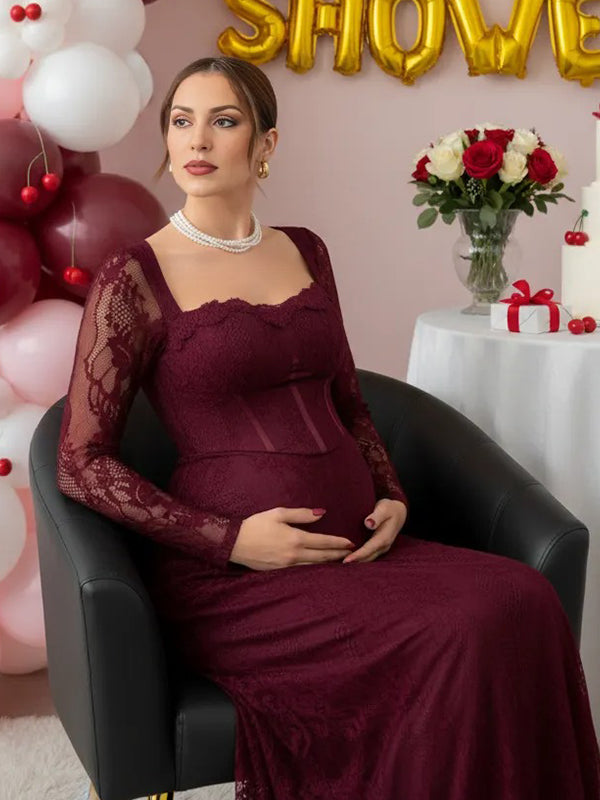 Momsmood Lace Ruffle Back Slit Square Neck Bodycon Maternity Maxi Dress