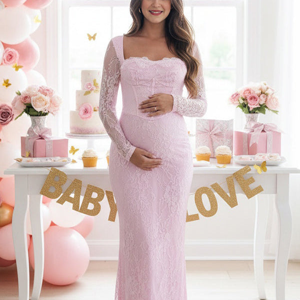 Momsmood Lace Ruffle Back Slit Square Neck Bodycon Maternity Maxi Dress