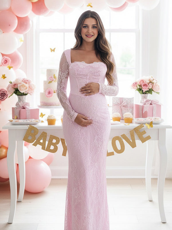 Momsmood Lace Ruffle Back Slit Square Neck Bodycon Maternity Maxi Dress