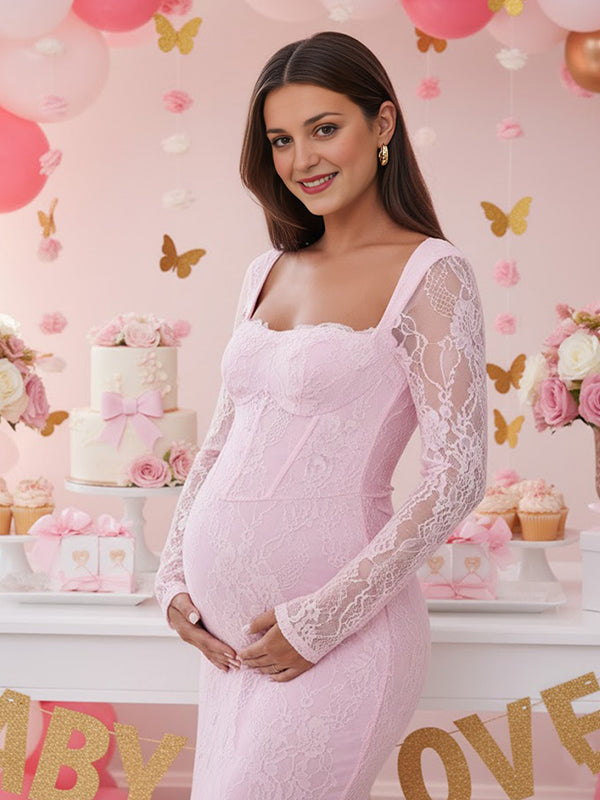 Momsmood Lace Ruffle Back Slit Square Neck Bodycon Maternity Maxi Dress