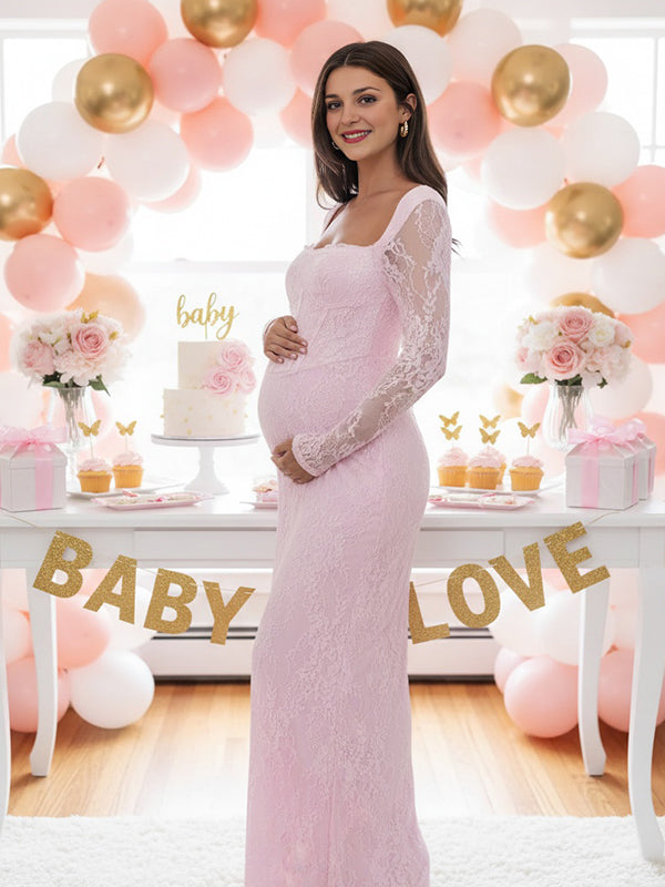 Momsmood Lace Ruffle Back Slit Square Neck Bodycon Maternity Maxi Dress