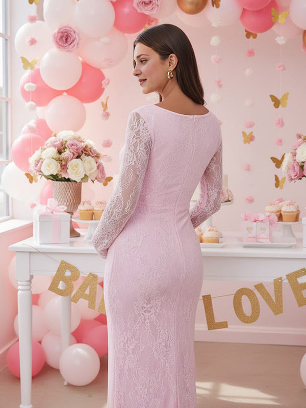 Momsmood Lace Ruffle Back Slit Square Neck Bodycon Maternity Maxi Dress