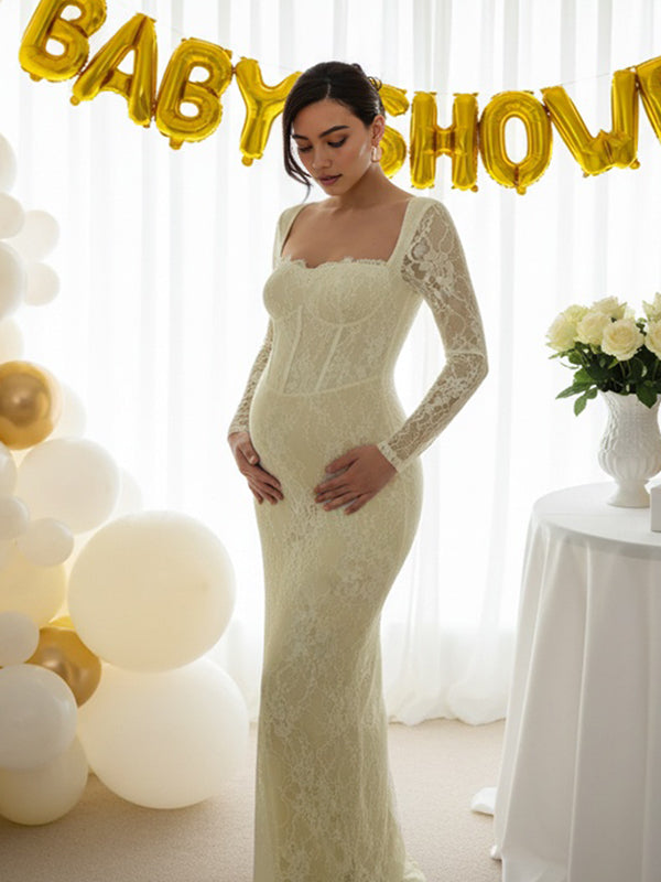 Momsmood Lace Ruffle Back Slit Square Neck Bodycon Maternity Maxi Dress