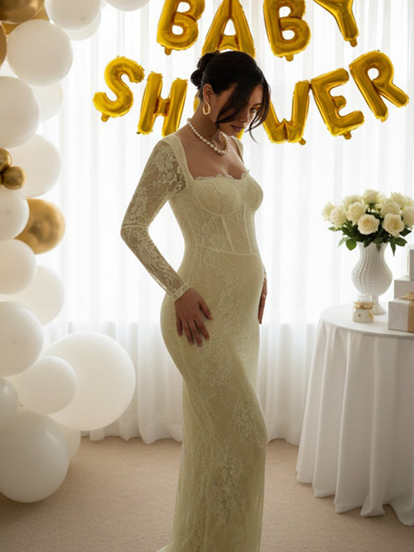 Momsmood Lace Ruffle Back Slit Square Neck Bodycon Maternity Maxi Dress