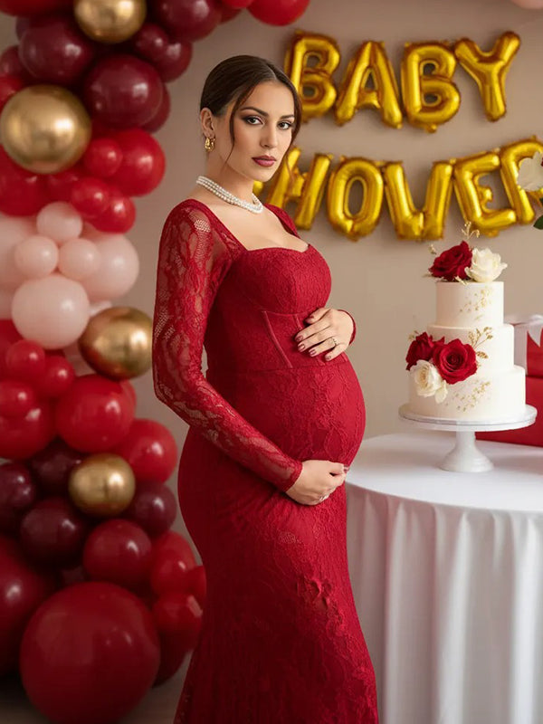 Momsmood Lace Ruffle Back Slit Square Neck Bodycon Maternity Maxi Dress