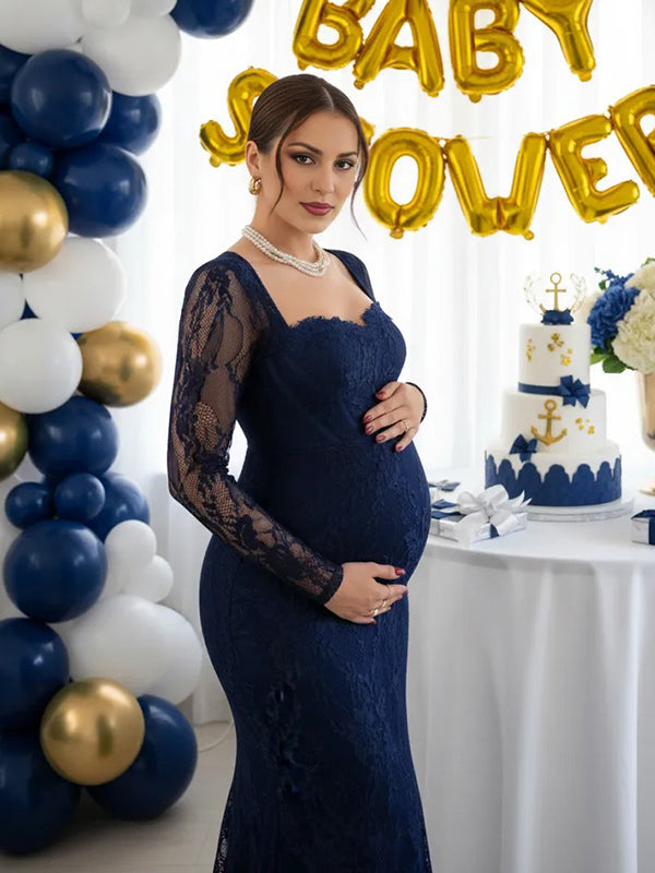 Momsmood Lace Ruffle Back Slit Square Neck Bodycon Maternity Maxi Dress