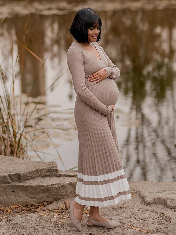 Momsmood Cross Chest Pleated Crochet Maternity Photoshoot Sweater Maxi Dress