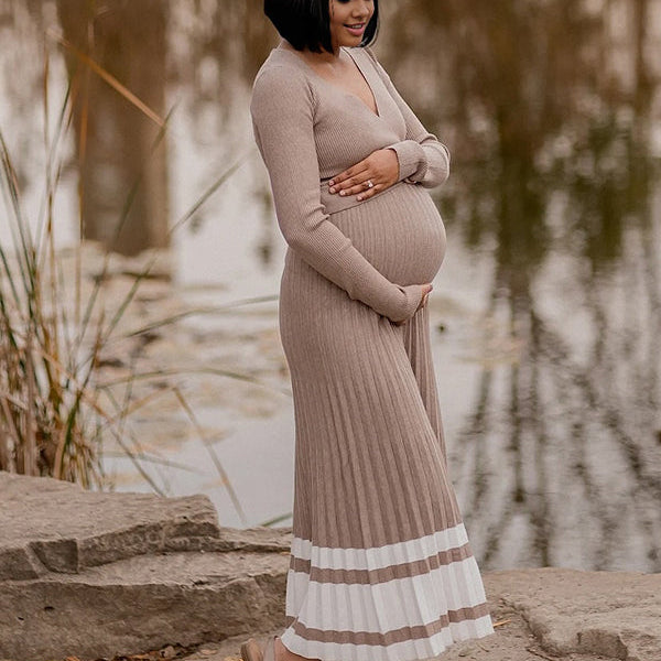 Momsmood Cross Chest Pleated Crochet Maternity Photoshoot Sweater Maxi Dress