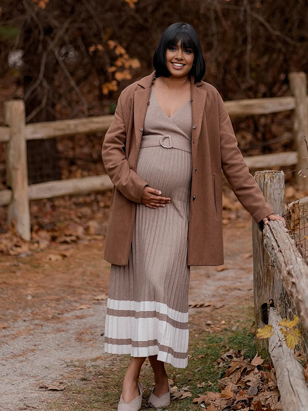 Momsmood Cross Chest Pleated Crochet Maternity Photoshoot Sweater Maxi Dress