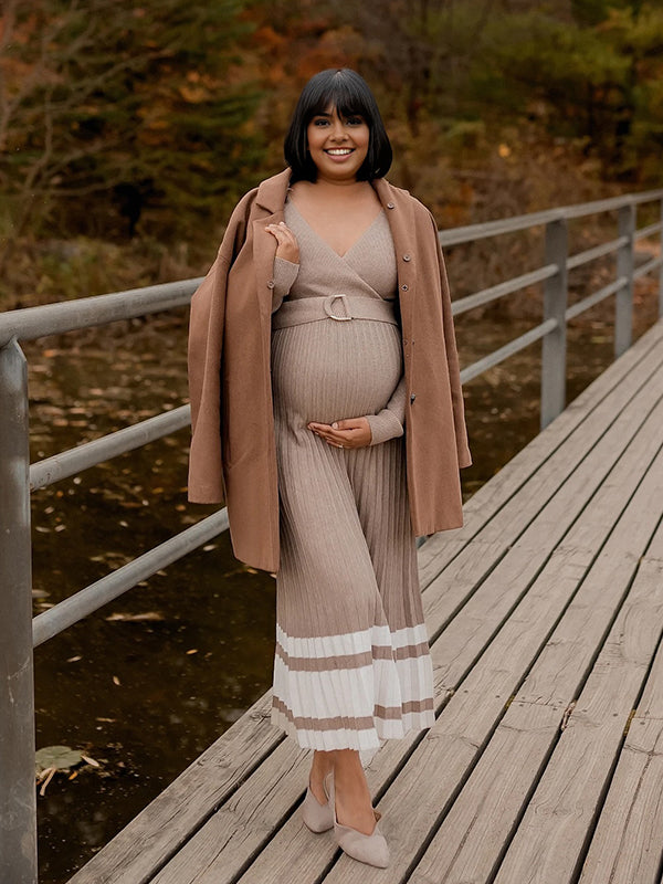 Momsmood Cross Chest Pleated Crochet Maternity Photoshoot Sweater Maxi Dress