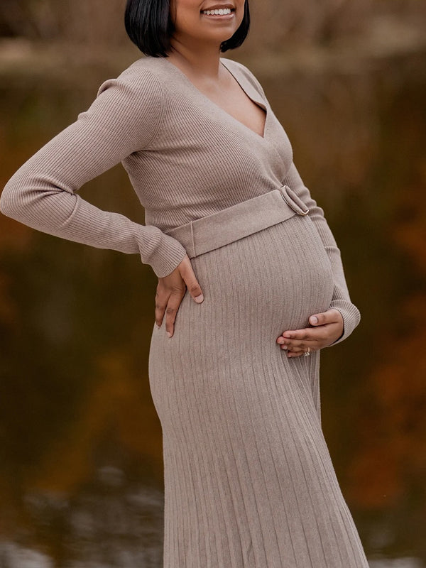 Momsmood Cross Chest Pleated Crochet Maternity Photoshoot Sweater Maxi Dress