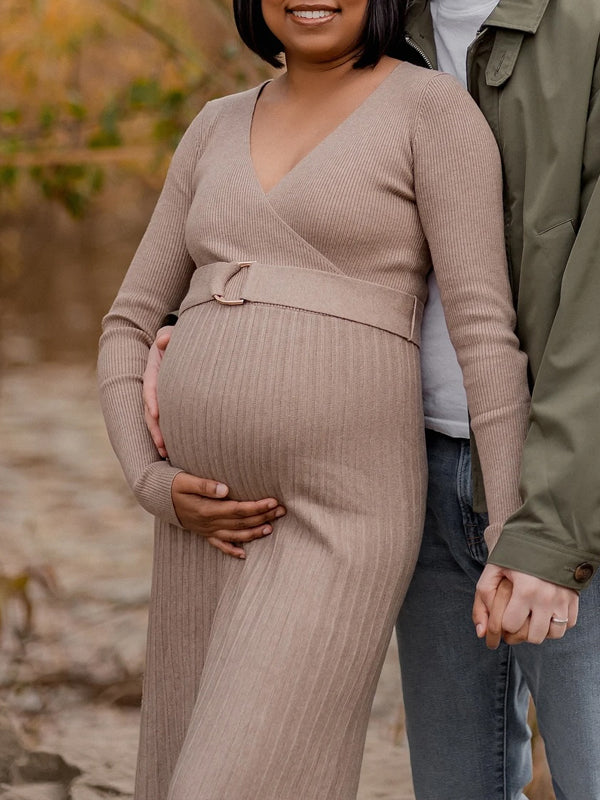 Momsmood Cross Chest Pleated Crochet Maternity Photoshoot Sweater Maxi Dress