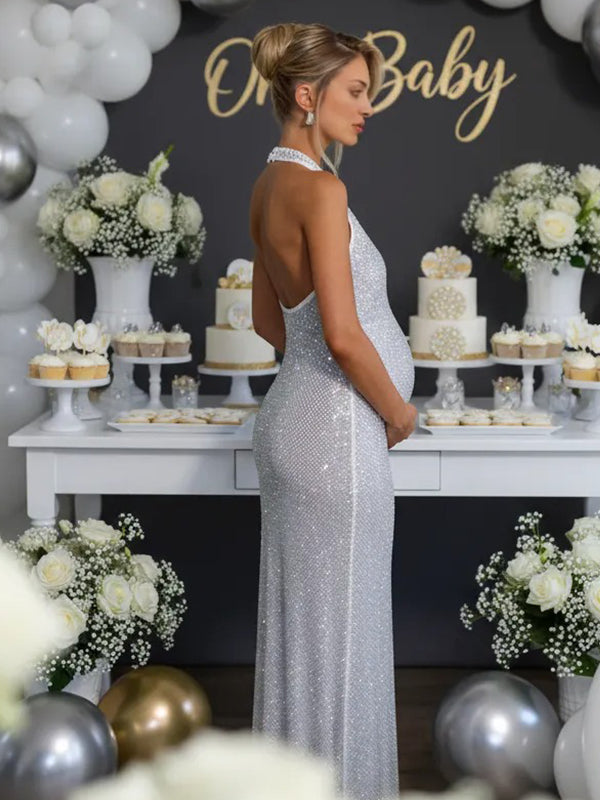 Momsmood Glitter Sequin Ruched Backless Halter Neck Bodycon Maternity Maxi Dress