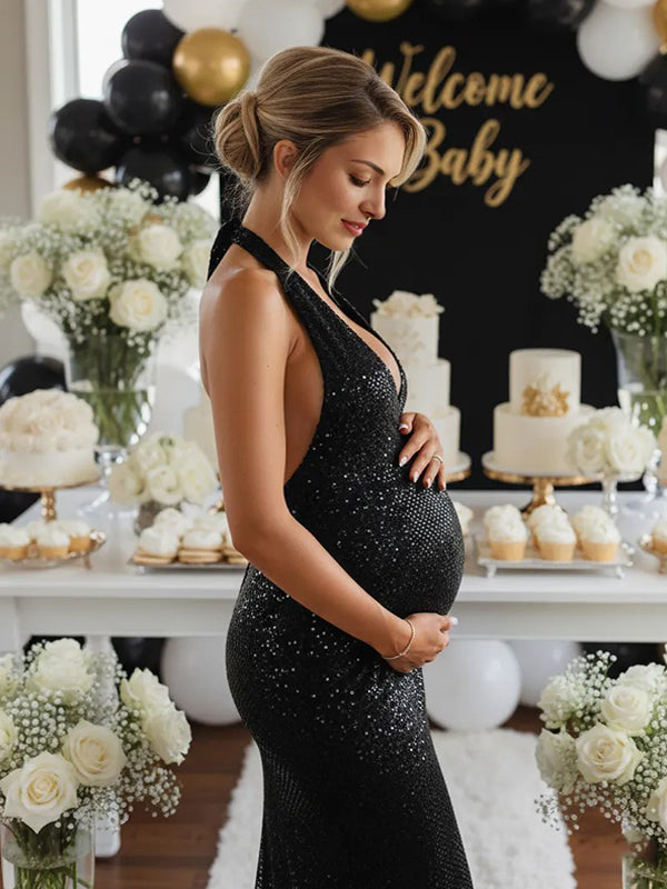 Momsmood Glitter Sequin Ruched Backless Halter Neck Bodycon Maternity Maxi Dress
