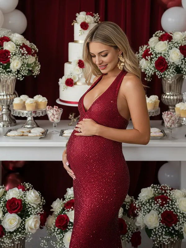 Momsmood Glitter Sequin Ruched Backless Halter Neck Bodycon Maternity Maxi Dress