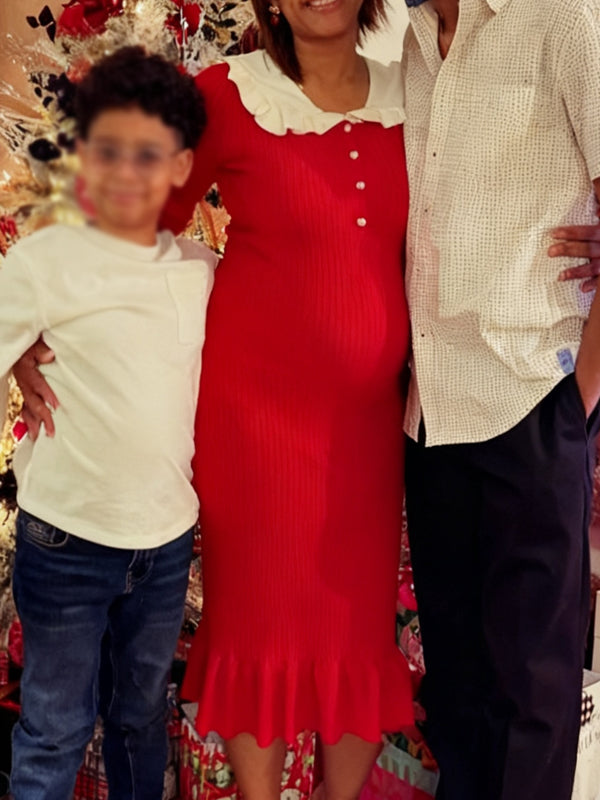 Momsmood Christmas Red Petal Neck Tache Flare Sleeve Maternity Photoshoot Sweater Maxi Dress