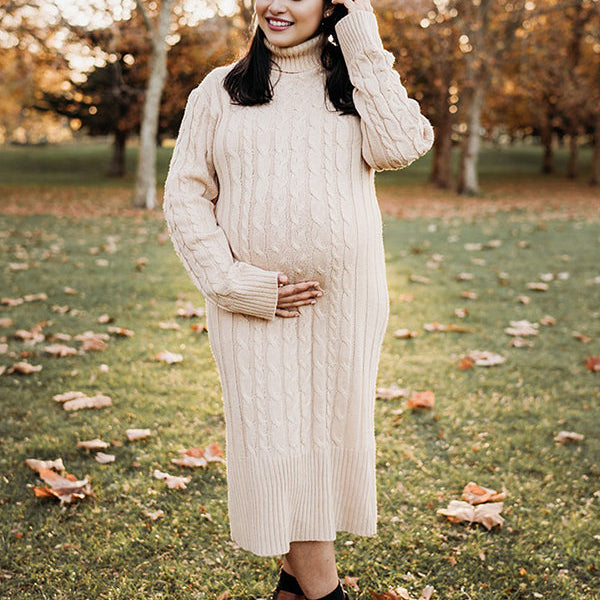 Momsmood White High Neck Side Slit Crochet Maternity Photoshoot Twisted-Knit Sweater Maxi Dress