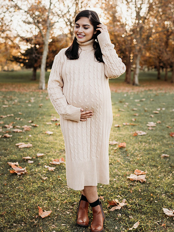 Momsmood White High Neck Side Slit Crochet Maternity Photoshoot Twisted-Knit Sweater Maxi Dress