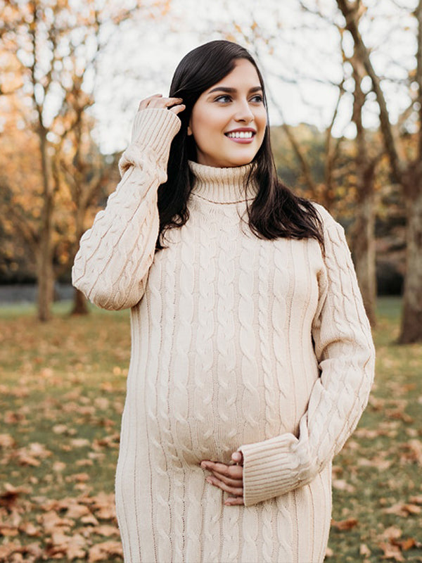 Momsmood White High Neck Side Slit Crochet Maternity Photoshoot Twisted-Knit Sweater Maxi Dress