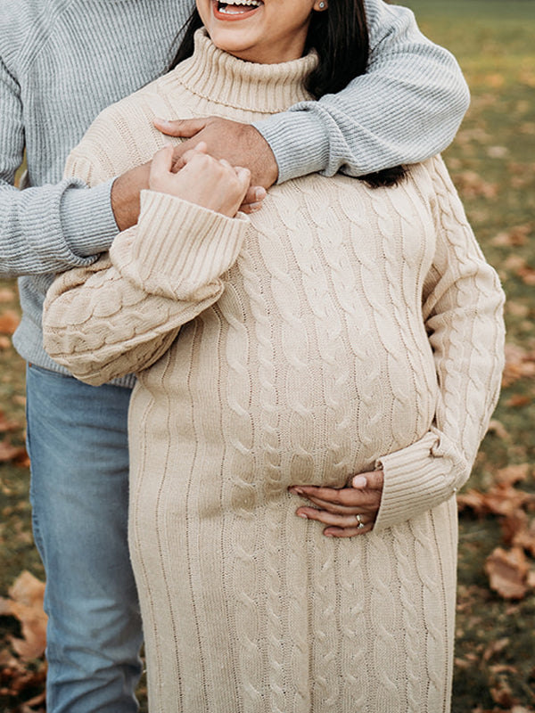 Momsmood White High Neck Side Slit Crochet Maternity Photoshoot Twisted-Knit Sweater Maxi Dress