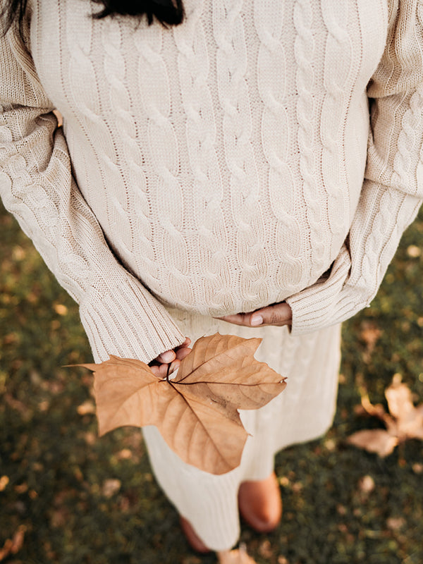 Momsmood White High Neck Side Slit Crochet Maternity Photoshoot Twisted-Knit Sweater Maxi Dress