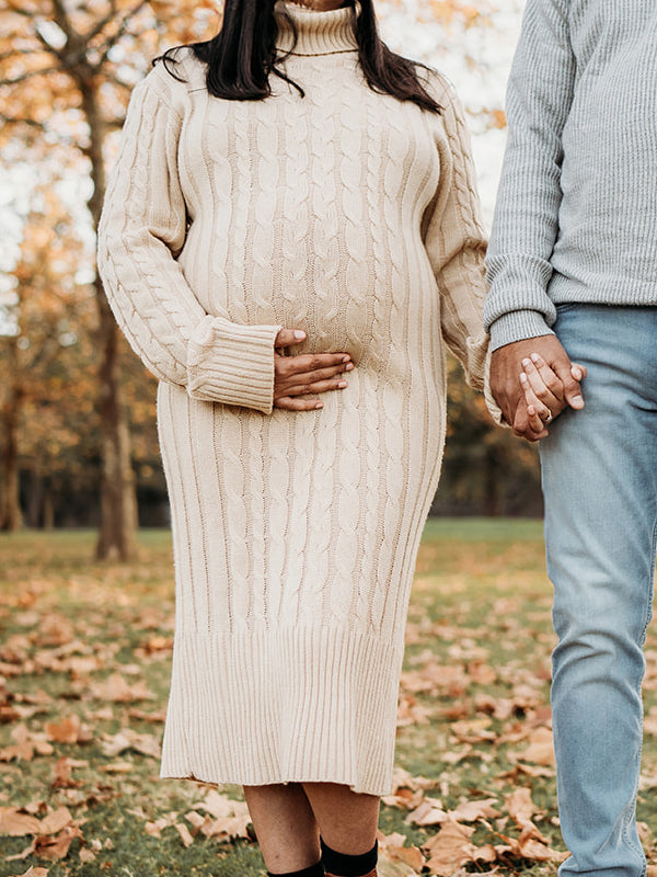 Momsmood White High Neck Side Slit Crochet Maternity Photoshoot Twisted-Knit Sweater Maxi Dress