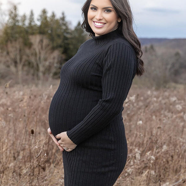 Momsmood Black Side Slit Crochet Maternity Photoshoot Sweater Maxi Dress