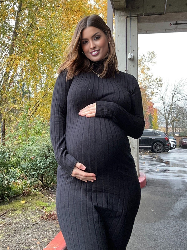 Momsmood Black Side Slit Crochet Maternity Photoshoot Sweater Maxi Dress