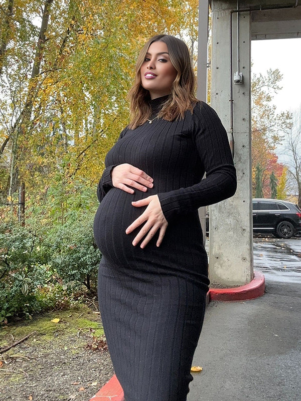 Momsmood Black Side Slit Crochet Maternity Photoshoot Sweater Maxi Dress