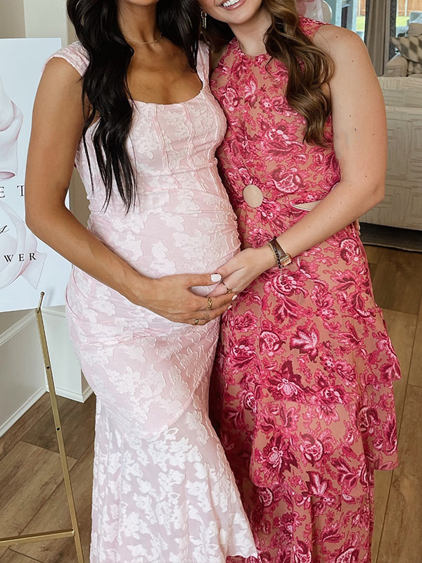 Momsmood Pink Lace Ruched Corset High-low Tank Mermaid Elegant Cocktail Gown Maternity Baby Shower Maxi Dress