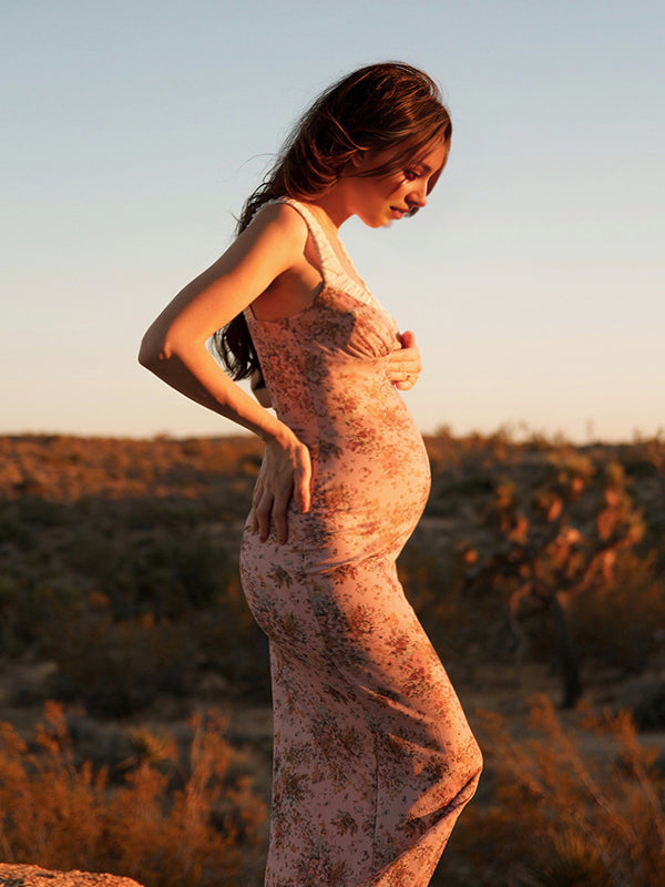 Momsmood Pink Floral Ruched Ruffle Tank Bodycon Elegant Maternity Baby Shower Maxi Dress