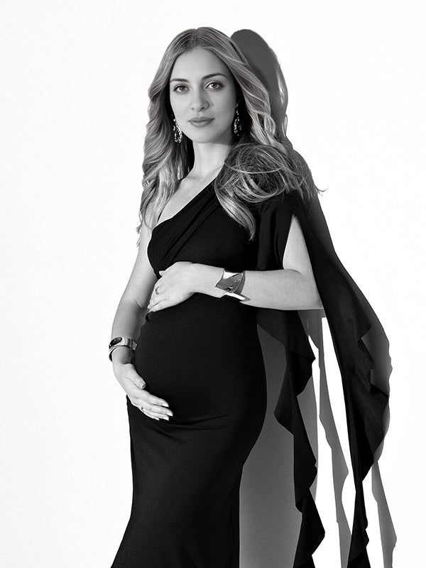 Momsmood Black One Shoulder Ruched Ruffle Falbala Side Slit Darped Bodycon Elegant Cocktail Gown Maternity Photoshoot Maxi Dress