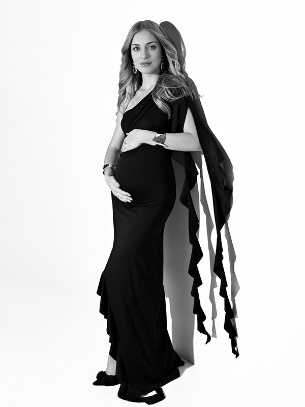 Momsmood Black One Shoulder Ruched Ruffle Falbala Side Slit Darped Bodycon Elegant Cocktail Gown Maternity Photoshoot Maxi Dress