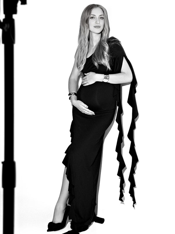 Momsmood Black One Shoulder Ruched Ruffle Falbala Side Slit Darped Bodycon Elegant Cocktail Gown Maternity Photoshoot Maxi Dress