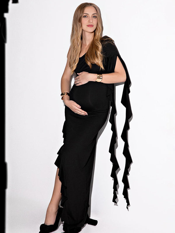 Momsmood Black One Shoulder Ruched Ruffle Falbala Side Slit Darped Bodycon Elegant Cocktail Gown Maternity Photoshoot Maxi Dress