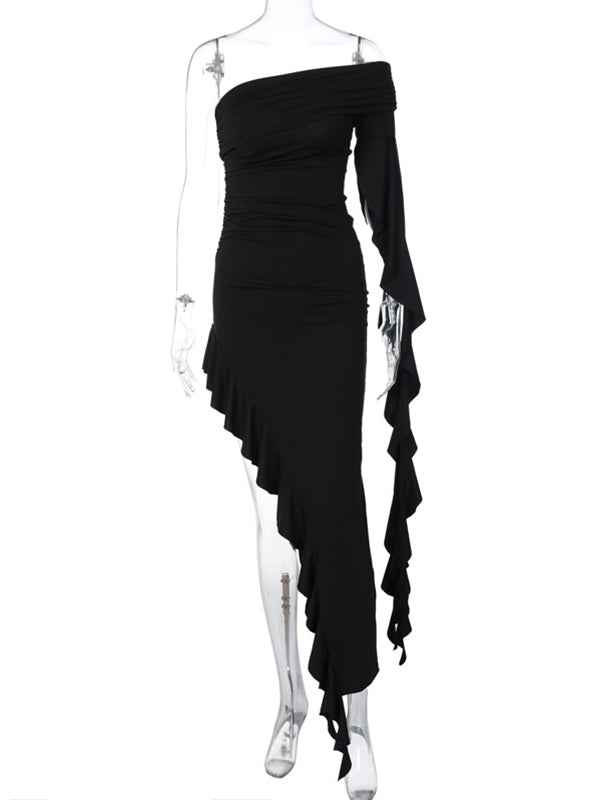 Momsmood Black One Shoulder Ruched Ruffle Falbala Side Slit Darped Bodycon Elegant Cocktail Gown Maternity Photoshoot Maxi Dress