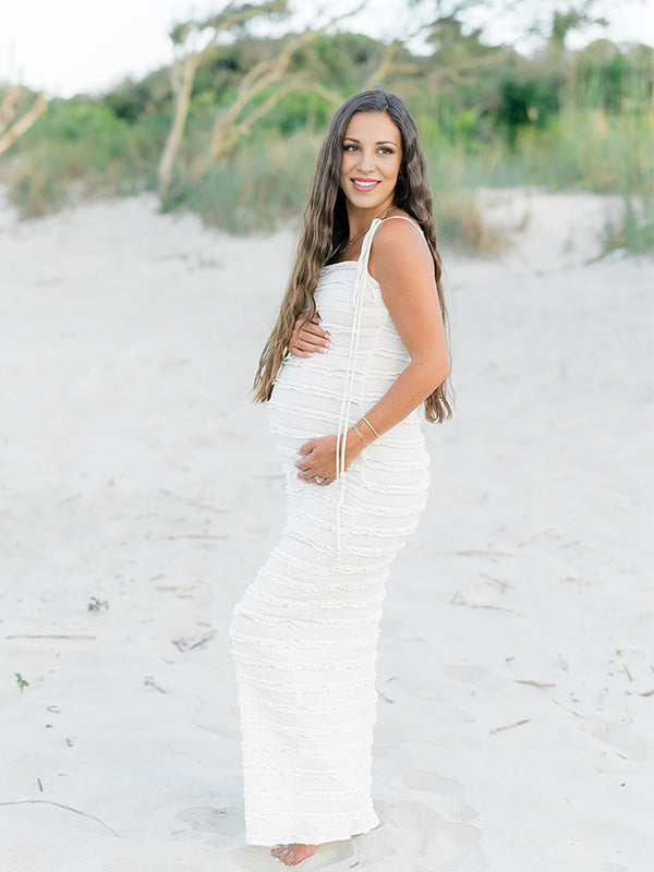 Momsmood White Ruched Ruffle Falbala Tie Up Straps With Beads Badycon Elegant Maternity Photoshoot Maxi Dress