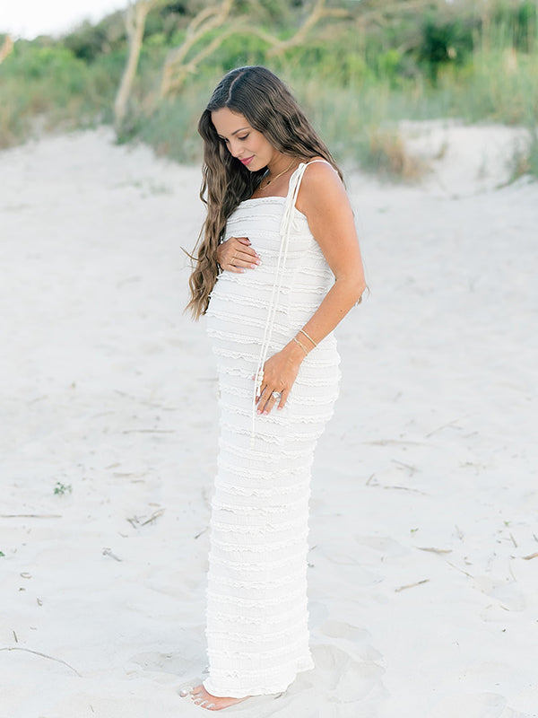 Momsmood White Ruched Ruffle Falbala Tie Up Straps With Beads Badycon Elegant Maternity Photoshoot Maxi Dress