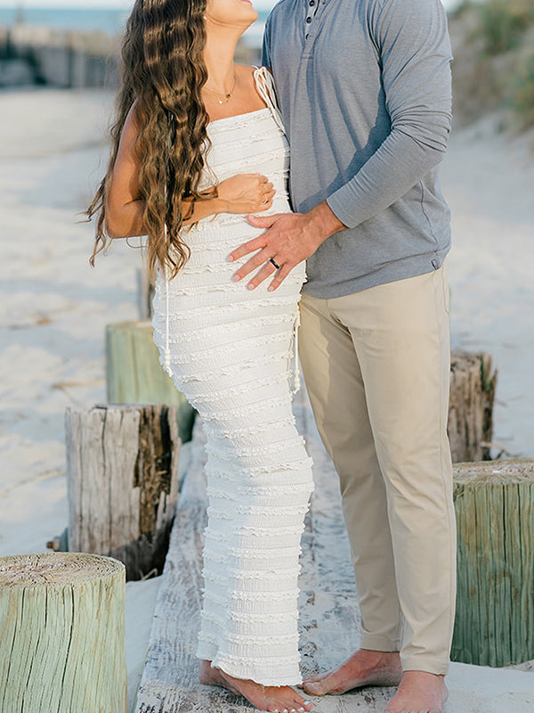 Momsmood White Ruched Ruffle Falbala Tie Up Straps With Beads Badycon Elegant Maternity Photoshoot Maxi Dress